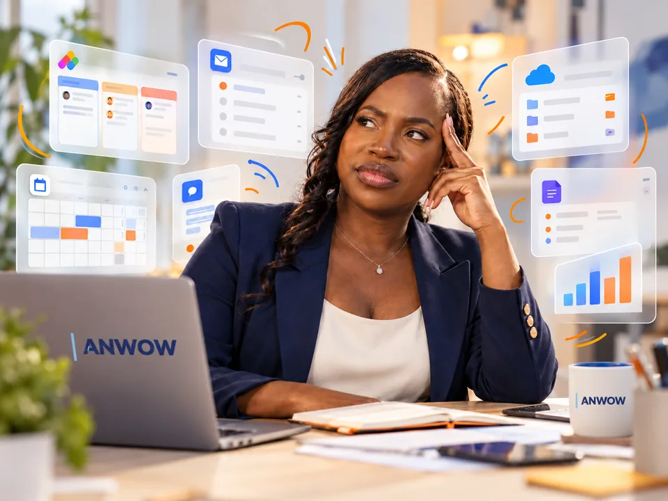 Conceptual scene portraying Lizebeth at her desk, puzzled by a crowd of floating app windows