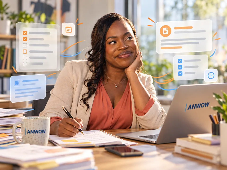 Conceptual scene portraying Lizebeth smiling at an AI summary while her task lists stay full