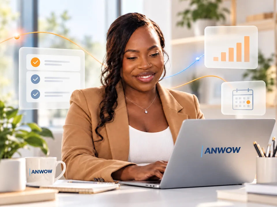 Conceptual scene portraying Lizebeth working calmly at her laptop, her tasks connected and checked off