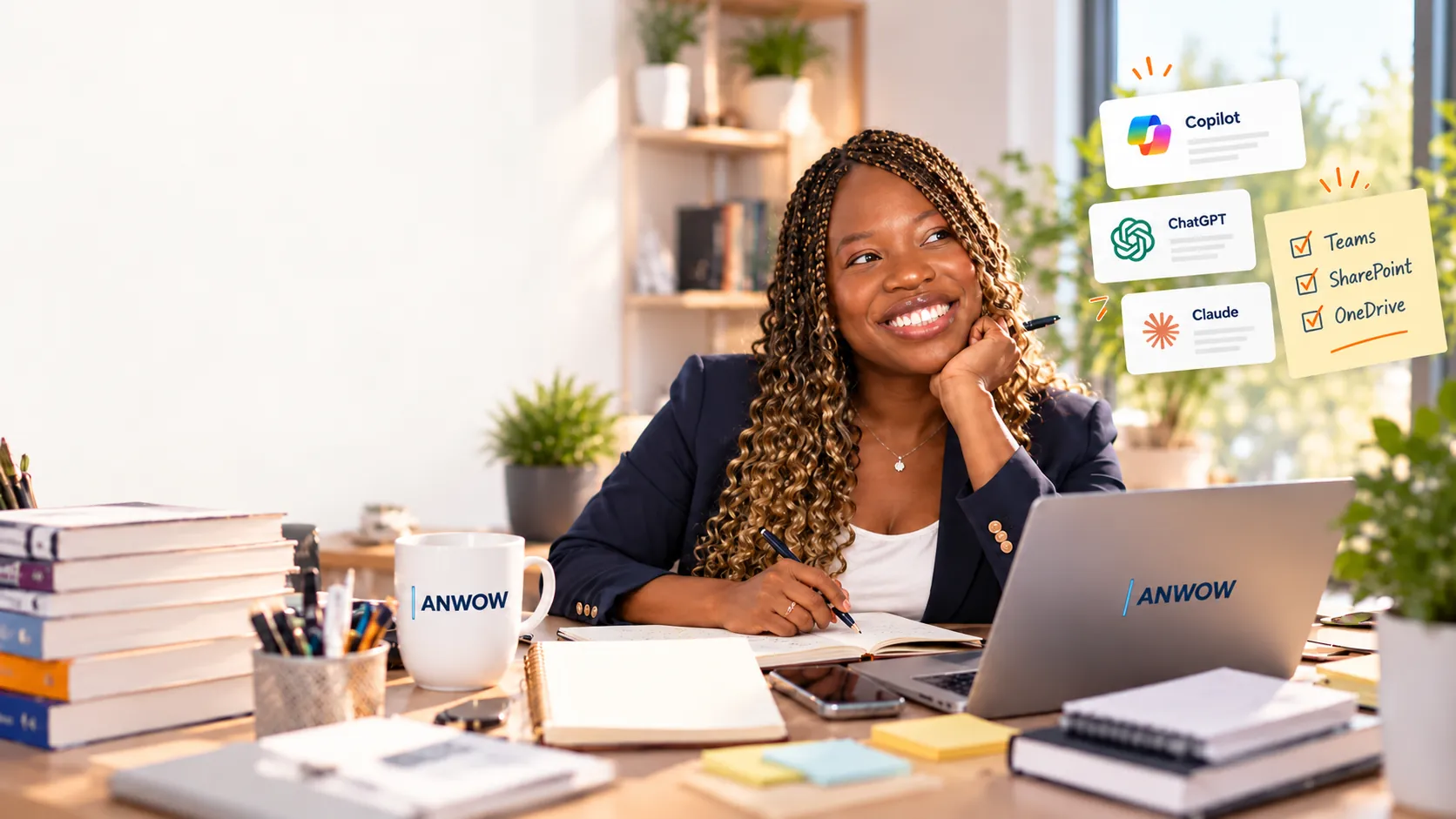 Conceptual scene portraying Lizebeth at her desk, smiling as she plans her work with Copilot, ChatGPT and Claude
