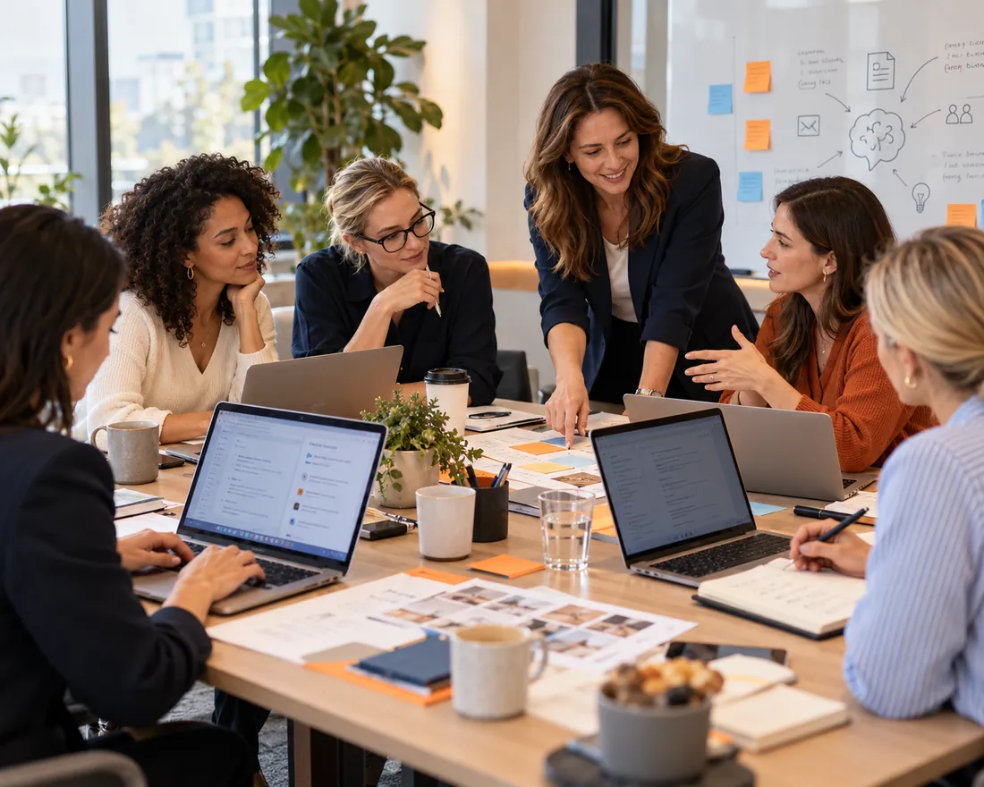 Illustrative scene of a group of colleagues exploring AI together around a workshop table