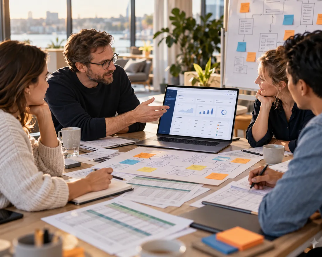 Illustrative scene of a team redesigning a shared process, spreadsheets on the table and an application on screen