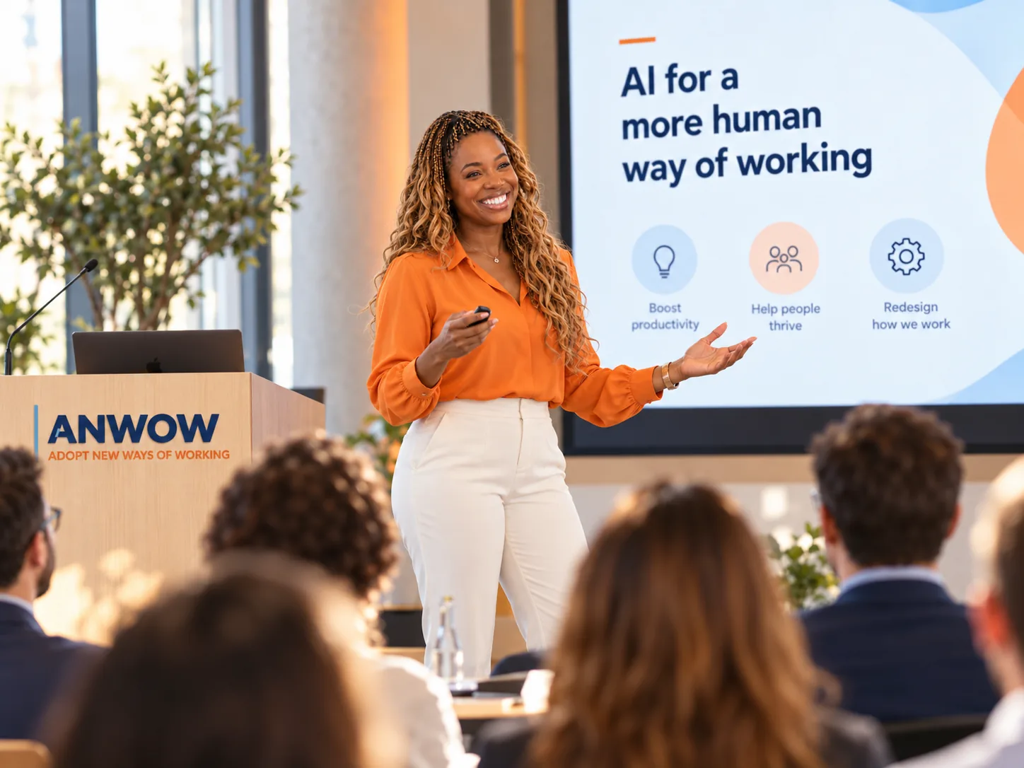 Illustrative scene of Lizebeth giving a talk on AI for a more human way of working, in front of an audience; AI-generated image, not a real event photograph